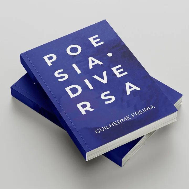Dois exemplares do livro Poesia Diversa empilhados, capa azul com título branco