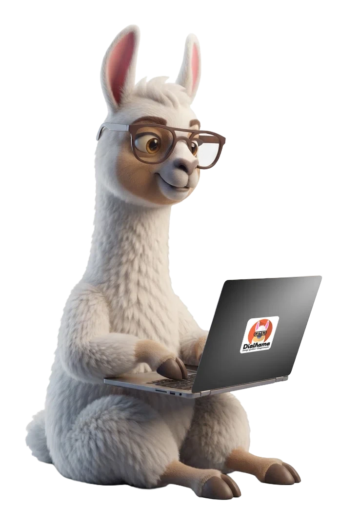 Mascote da Dialhama sentado em frente a um notebook, com a marca do estúdio na tampa
